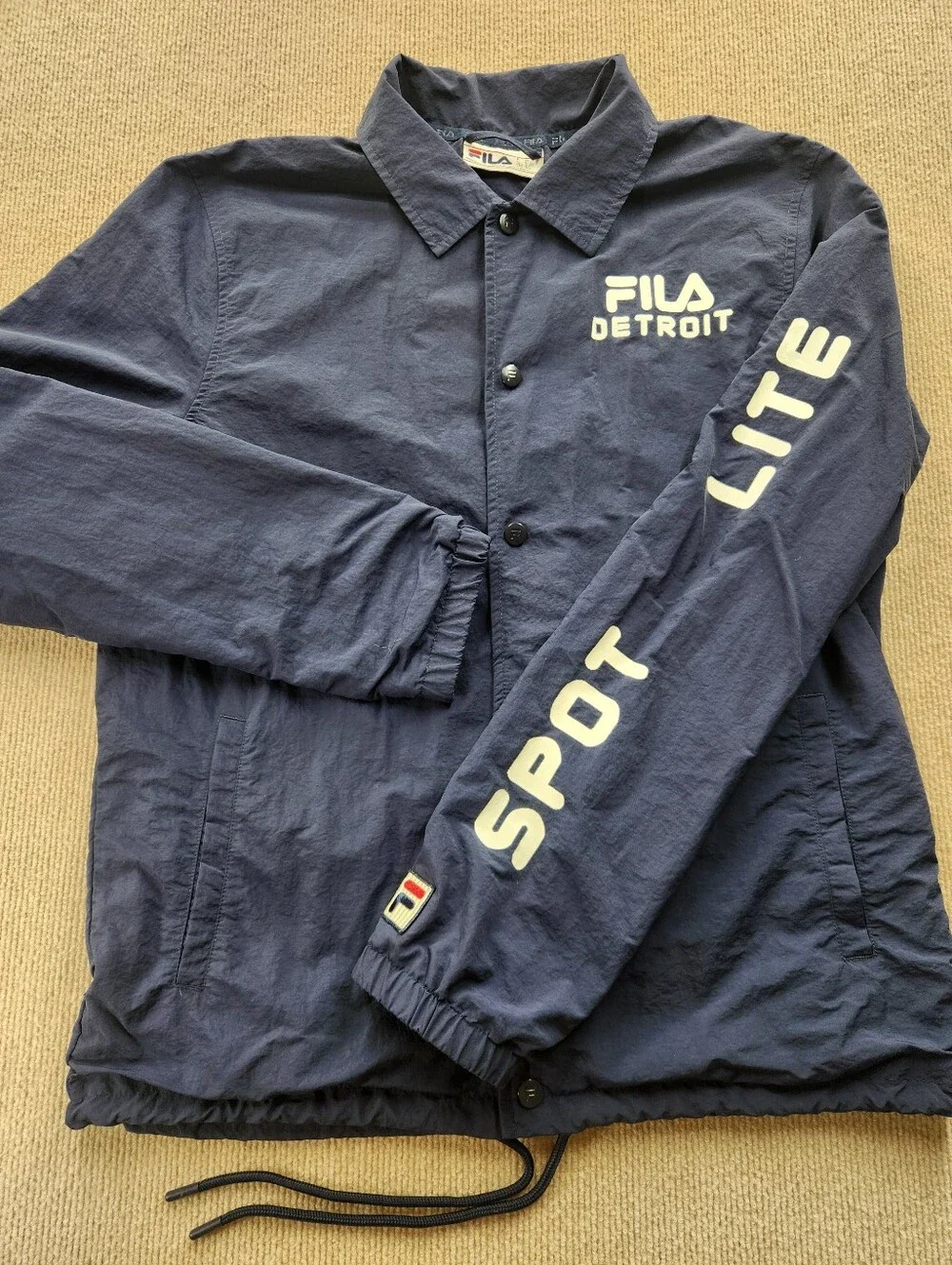 Vintage FILA Detroit Spot Lite Coach Bomber Jacket Men's M Blue Button Front